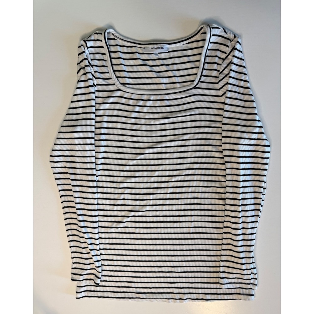 Motherhood Maternity Ribbed Striped Long Sleeve Scoop Neck Top White Black L